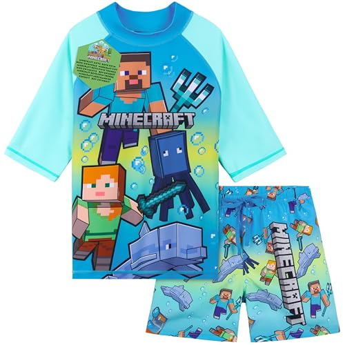 Get Trend Minecraft Bathing Suit Set for Boys Teens 2 Pcs Swim Trunks Boys Rash Guard (7-8 Years, Blue/Green Minecraft)