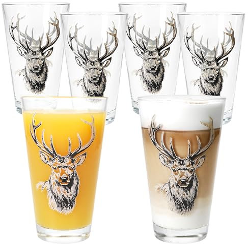 MamboCat Alois 6er Set Trinkgläser I 250ml, H13,1cm I Wasser-Glas mit Hirsch-Dekor für 6 Personen I konisches Glas für Saft, Limo, Softdrinks & Co