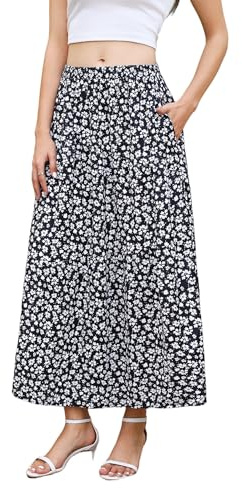 Zeagoo Maxi Jupes Femme Elastique Taille Haute Jupe d'été Longue Elégante Flowy Rock avec Poches Blanc Fleurs M