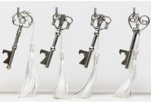 12 PZ Chiave apribottiglia con nappina bianca 8 cm BOMBONIERA