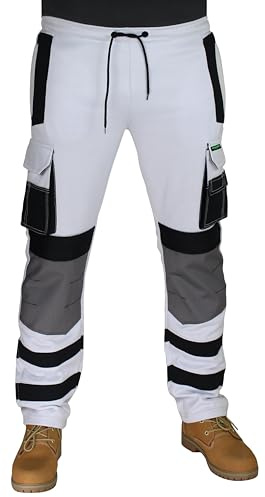 HASHOOB TRADING FZE Mens White Fleece Painter Trousers Decorators Cadura Knee Pad Pocket Workwear Pants (Four-White, S)