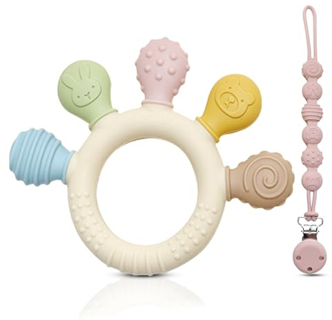 baHgi Baby-Beißring mit BPA-frei Schnullerkette aus Silikon - Beißring und Beißhilfe, Babyspielzeug zum Greifen mit bunten Tiermotiven(Pink)