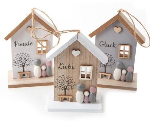 Logbuch-Verlag 3 trähus för att hänga upp dekoration hus kärlek lycka glädje gåva set familj dekoration vår påsk 16,5 x 10 cm