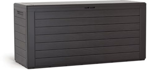 Garden Storage Box Plastic Organizer Wood Effect Outdoor Bench Large Deck Cusion Organizer Furniture Lid Container Woodebox (Umber, 280L)