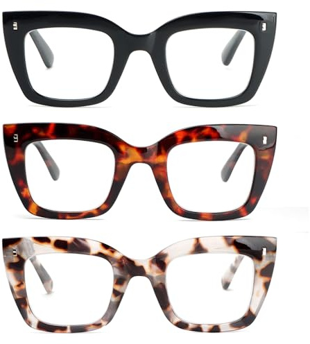 KoKoBin 3 confezioni di oversized occhiali da lettura quadrati da donna, anti luce blu con cerniere a molla occhiali (3 Pack, 1.5, Diottria)