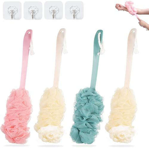 Duschsvamp med handtag, 4 stycken badsvampar, duschborste med långt handtag, med 4 krokar, för rygg, badtvätt peeling massage svampborstar
