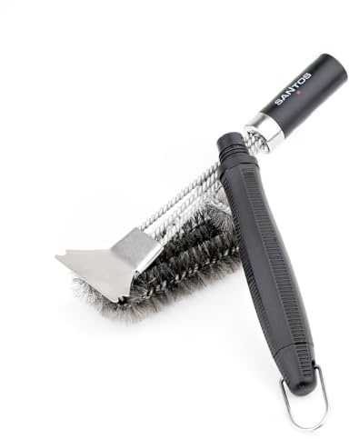 SANTOS 3-Kopf Grillbürste – Edelstahlborsten & Schaber – kraftvolle Reinigung für Grillroste – 44 cm Länge – austauschbarer Bürstenkopf – langlebig & effektiv