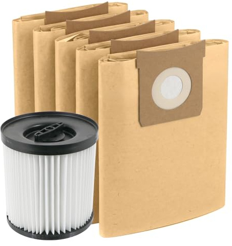 SPARES2GO Cartridge Filter + 5 Dust Bags for Mac Allister MWDV16L-A MWDV20L-A MWDV30L-A 16L 20L 30L Vacuum Cleaner