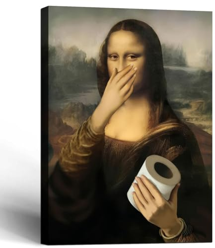 Gerahmte lustige Mona Lisa Badezimmer-Leinwandkunst, Parodie weltberühmte Gemälde, Posterdruck, modernes Badezimmergemälde, Humor, Gemälde, Galerie, Wanddekoration, 30,5 x 40,6 cm, fertig zum