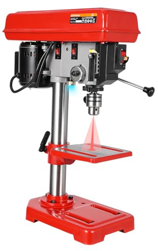 8 Benchtop Drill Press, Laser Ray (Class II Max. 1mW), Tabletop Drilling Machine with 5 Adjustable Speeds (620 to 3100 RPM), 0-45°Tilting Worktable with LED Light (1W), for Wood or Metal