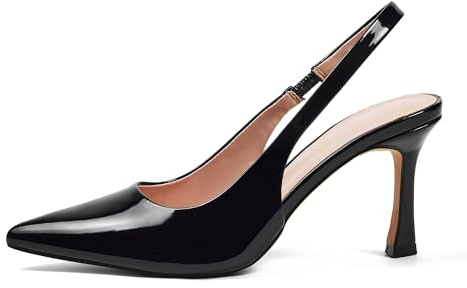GENSHUO Élégants Escarpins Femme à Talon de 11 cm avec Bride Slingback, Bout Pointu, Talon Kitten Chic et Moderne, Noir Vernis, 36 EU