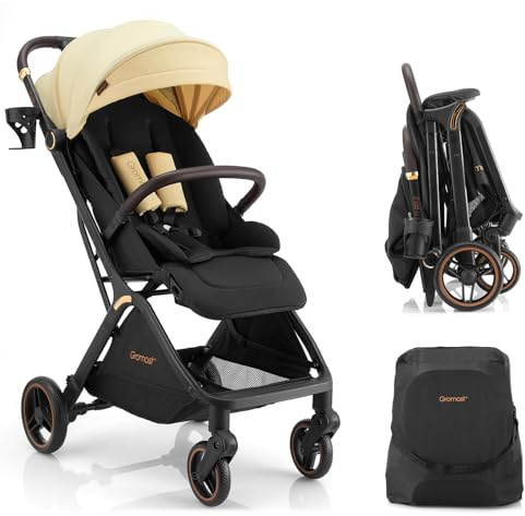 Gromast Gravity faltbarer Baby-Kinderwagen, Tragbarer Reise-Kleinkindbuggy Mit Verstellbarer Rückenlehne & Sonnendach, Leichtgewichtig Und Uv-Geschützt, Einhändig Automatisch Zusammenklappbar, Beige