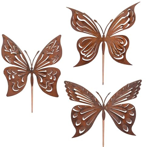 UNUS Gartenstecker Schmetterlinge 3er Set Metallstecker aus echtem Rost | dekorative Schmetterlingsfiguren für Garten, Beet und Blumentöpfe Höhe 96 cm
