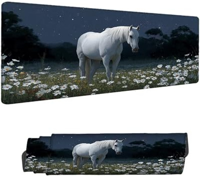 Mousepad Weiß Mauspad XXL 1200 x 400 mm Verlängertes Groß Schreibtischauflage mit Rutschfester Gummibasis, mit Nähten an den Rändern Anti-Rutsch Gaming Mauspad Pferd, Desk Deko Zubehör H-10735