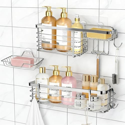 FALSKT 3PACK Shower Caddy No Drill Stainless Steel Shower Shelf with 4 Hook | Bathroom Shelves Adhesive Shower Storage Rack Bathroom Storage Accessory with Soap Holder
