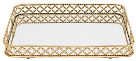 Bandeja decorativa con espejo, bandeja decorativa con asas, 38 x 26 x 6 cm, bandeja de perfume, bandeja de espejo, para mesa, cómoda, dormitorio, cafetería, armario