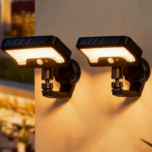 GOMETY Set di 2 luci solari per esterni, luci solari con sensore di movimento, illuminazione solare impermeabile con telecomando, luci LED per esterni, per giardino, recinzioni e grondaie