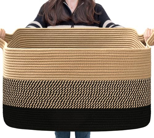 TIMEYARD Aufbewahrungskorb Jute Geflochten 55x38x30cm Schwarze Jute | Natürlicher Seilkorb für Decken, Bücher und Wohnaccessoires. Elegante Dekoration für Wohnzimmer und Schlafzimmer