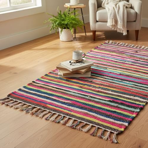 Hieftan Handmade Cotton Chindi Rug – Multicoloured Striped Recycled Decorative Area Rug Mat for Living Room & Bedroom 50x80 cm