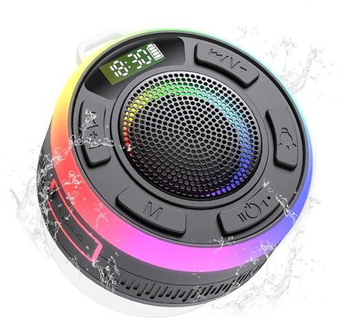 IPX7 Waterproof Shower Bluetooth Speaker, Portable Small Speaker with Suction Cup and Time Display, Loud Crystal Sound & Bass 10H Playtime 1100mAh, Wireless Shower Speakers for Pool, Beach Gift Black