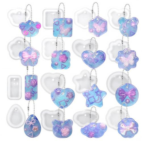 XMDROU 16 Stück Epoxidharz Formen Set, Verschiedene Silikonform Harz | 20 Kugelketten enthalten, Schlüsselanhänger Formen, Anhänger & Schmuck, DIY Dekoration, Verschiedene Formen