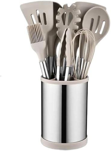 Set Completo Utensili da Cucina 12 Pezzi in Silicone con Portautensili Girevole Mestolo Schiumarola Servispaghetti Pinza Frusta Spatole in Acciaio Inox e Silicone per Antiaderente (Beige)