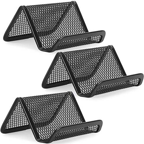 MaxGear Metal Mesh Business Card Holder 3 Pack, Heavy Duty Desk Desktop Organizer, Modern Grid Card Stand Display for Men Holds 50 Cards, Black, Office Accessories