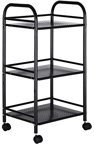 BAKAJI Carrello Portaoggetti in Metallo per Bagno Cucina Parrucchiere o Estetista 4 Ruote Girevoli, 3 Ripiani, Dimensioni 40 x 35 x 75cm, Carrellino Multifunzione 3 Livelli (Nero)
