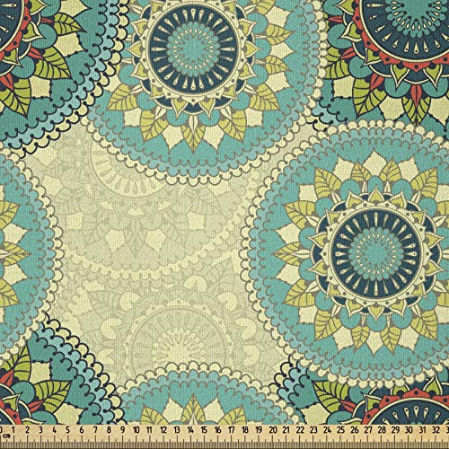 ABAKUHAUS Mandala Stoff als Meterware, marokkanische Motive, Microfaser Multi Zweck Dekostoff für Kunsthandwerke, 3M (230x300cm), Beige Grün Teal