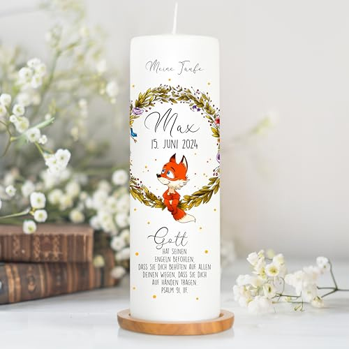 Wandtattoo Loft Taufkerze Blumenkranz mit Fuchs - Kerze zur Taufe, Geburt oder Kommunion – weiß 25 x 8 cm mit Name, Datum, ggf. Taufspruch / / Taufkerze 25 x 8 cm