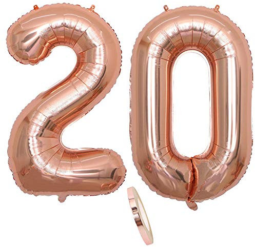 2 Globos Número 20 Años, Number 20 Globo Chica de oro rosa, 40Figuras de globos con globo de lámina de helio inflable, Globo gigante para la decoración de la fiesta de cumpleaños, Prom (xxxl 100cm)