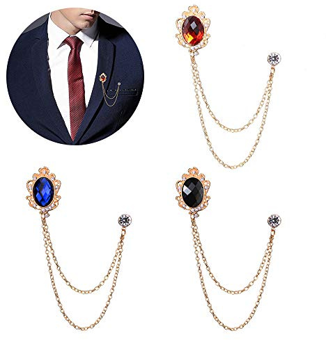 Huture 3 Confezioni Gemma Uomo Spilla Distintivo Catene Sospese Colletto Abito da Lavoro Smoking Camicie Cravatta Cappello Sciarpa Nero/Rosso/Blu