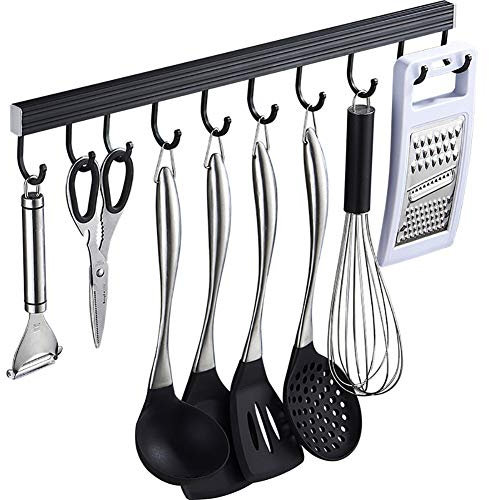 Z·Bling Hakenleiste Küchenhelfer Hängeleiste 14 Haken ohne Bohren, Selbstklebender Kleber, Aluminium, Schwarz Finish