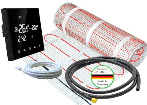 ew direkt Komplett-Set elektrische Fußbodenheizung SunPro 160 für Fliesen, Naturstein mit Thermostat RT-50 schwarz (5 m² - 0,5 x 10 m)