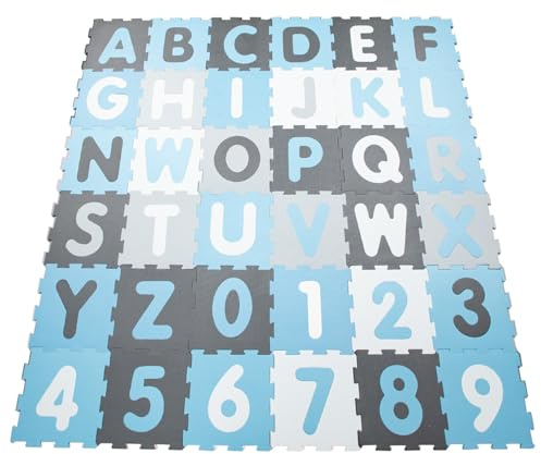 Paco Home Puzzlematte Spielmatte Schaumstoffmatte Baby Kinder Matte rutschfest Zahlen Buchstaben Pastell 36 Teile, Grösse:32x32 cm x 36 STK., Farbe:Blau