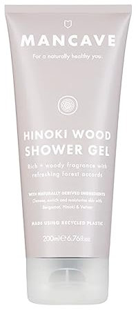 ManCave Hinoki Wood - Gel de ducha para hombre, aroma cálido a madera con ciprés hinoki, bergamota y vetiver, sin sulfatos ni parabenos, natural, vegano, libre de crueldad, 200 ml