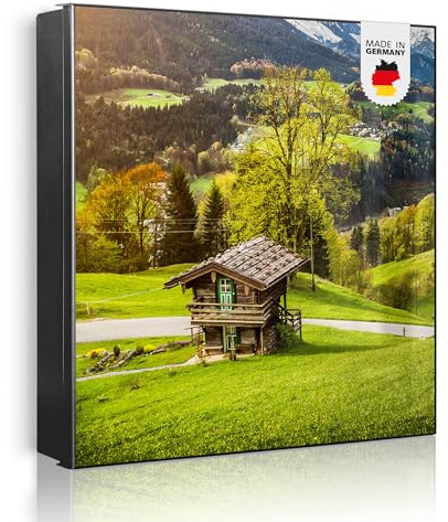 banjado Großer Schlüsselkasten Metall - Schlüsselbox 30x30cm beschreibbarer mit 32 Haken - Schlüsselkasten modern für Schlüsselaufbewahrung - Korpus Schwarz Scharnier Rechts - Motiv Berchtesgadener La