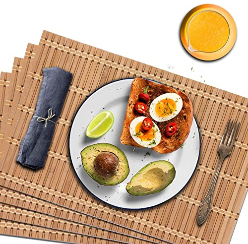 NETEHA Natural Bamboo Placemat-4 Pack- Set of Wooden Square Placemats, Suitable for Non-Slip and Resistant Bamboo Table Placemats in Restaurants and Kitchen