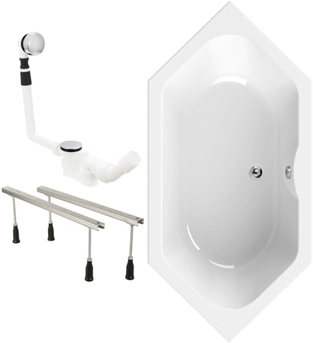 Calmwaters® Sechseck Badewanne Komplettset 190x90 cm, Made in EU, mit Wannenfüßen & Ablaufgarnitur, Acrylwanne Exclusive, Duowanne für 2, Set Badewanne komplett, 6 Eck Wanne 190 x 90, Weiß