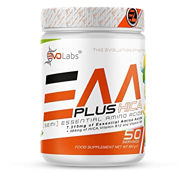 EVOLabs® EAA+HICA, Hochwertige Aminosäuren für Muskelschutz&Muskelaufbau, Extra Energy Kick mit Vitamin B12&B6, Vegan & Zuckerfrei, fruchtiger Geschmack&frei von Konservierungsstoffen, 500g