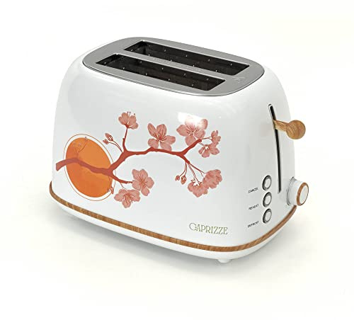 CAPRIZZE Grille-pain Kaito avec double fente extra large de 3,8 cm et 13,5 cm de long, 6 niveaux de grillage, décoration florale et effet bois blanc mat