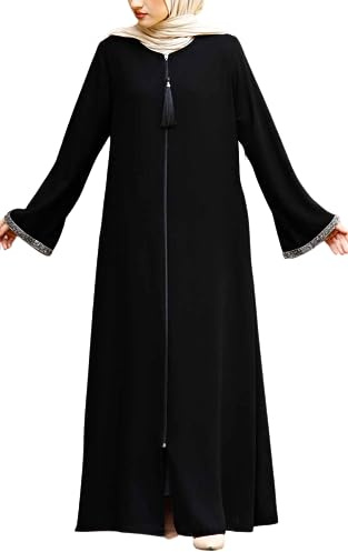 istanbul styles Damen-Abaya, langärmelig, offener Steinbruch, bodenlang, Reißverschluss, bodenlang, türkisch-islamische Mode (DE/NL/SE/PL, Alphanumerisch, XL, Regular, Regular, Schwarz)