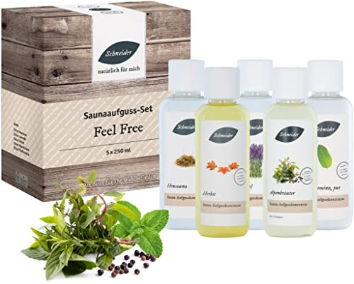 Saunabedarf Schneider - Aufgussset Feel Free 5 x 250 ml Inhalt - blumig-erdiger Saunaaufguss - wohltuender Mix