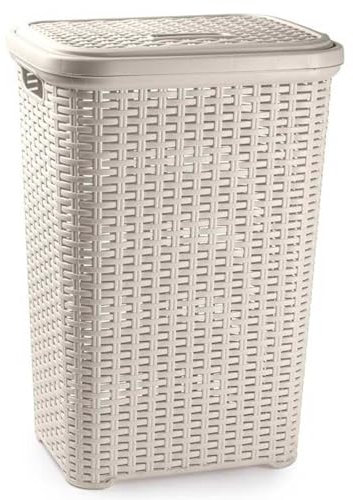ACAN Cesto para ropa sucia con tapa y asas, pongotodo rattan de plástico, cubo para colada, imitación mimbre, hogar (Marfil, 60 litros, 61,5 x 42,5 x 34 cm)