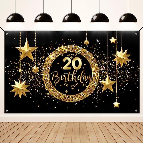Koliphy 20. Geburtstag Deko, 20. Happy Birthday Banner für Männer Frauen, Schwarz Gold Stoff 20 Geburtstagsbanner Hintergrund Party Dekoration Drinnen und Draußen