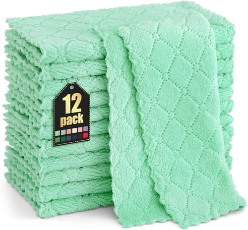 Moosfor Mikrofasertücher 12 Stück 25x25 cm spüllappen Putzlappen Grün | Weiche Fusselfrei Waschbar Geschirrtücher, Reinigen Geschirr & Küchenflächen, Ideal für Küche & Tägliche Haushaltsreinigung.