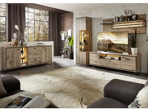Lomadox Wohnmöbel Set Wohnwand inkl. Beleuchtung braun 4-teilig Modern, 1 Vitrine, 1 Sideboard, 1 Lowboard, 1 Wandboard