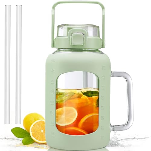 HYDRAGLAZIC 2 Liter Wasserflasche aus Glas mit Griff 2L Glasbecher mit Strohhalm und Deckel Motivationsreich Sport Wasserkrug mit Zeit und Volumenmarkierung Auslaufsicher, Hellgrün
