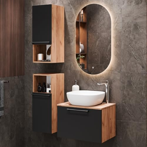 Planetmöbel Astra Conjunto Muebles de baño con Mueble bajo | lavabo 60 cm, 2 armarios midi roble dorado antracita, sin lavamanos sobre encimera, espejo (con LED) 50 cm