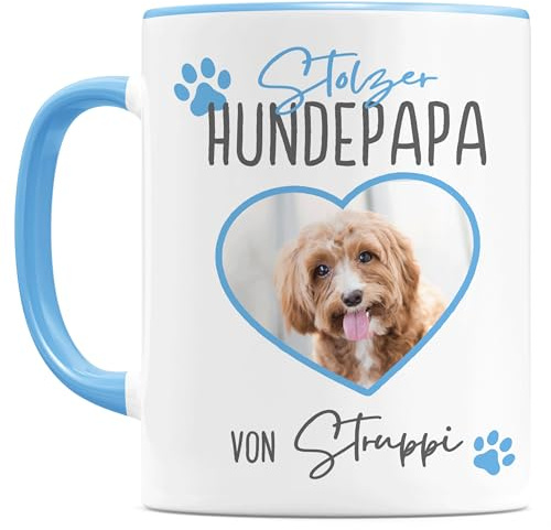 Hundepapa Tasse personalisiert mit Foto & Namen für Hundebesitzer | Personalisiert, hochwertige Keramik, spülmaschinen- & mikrowellengeeignet, Hundemotiv, Fototasse